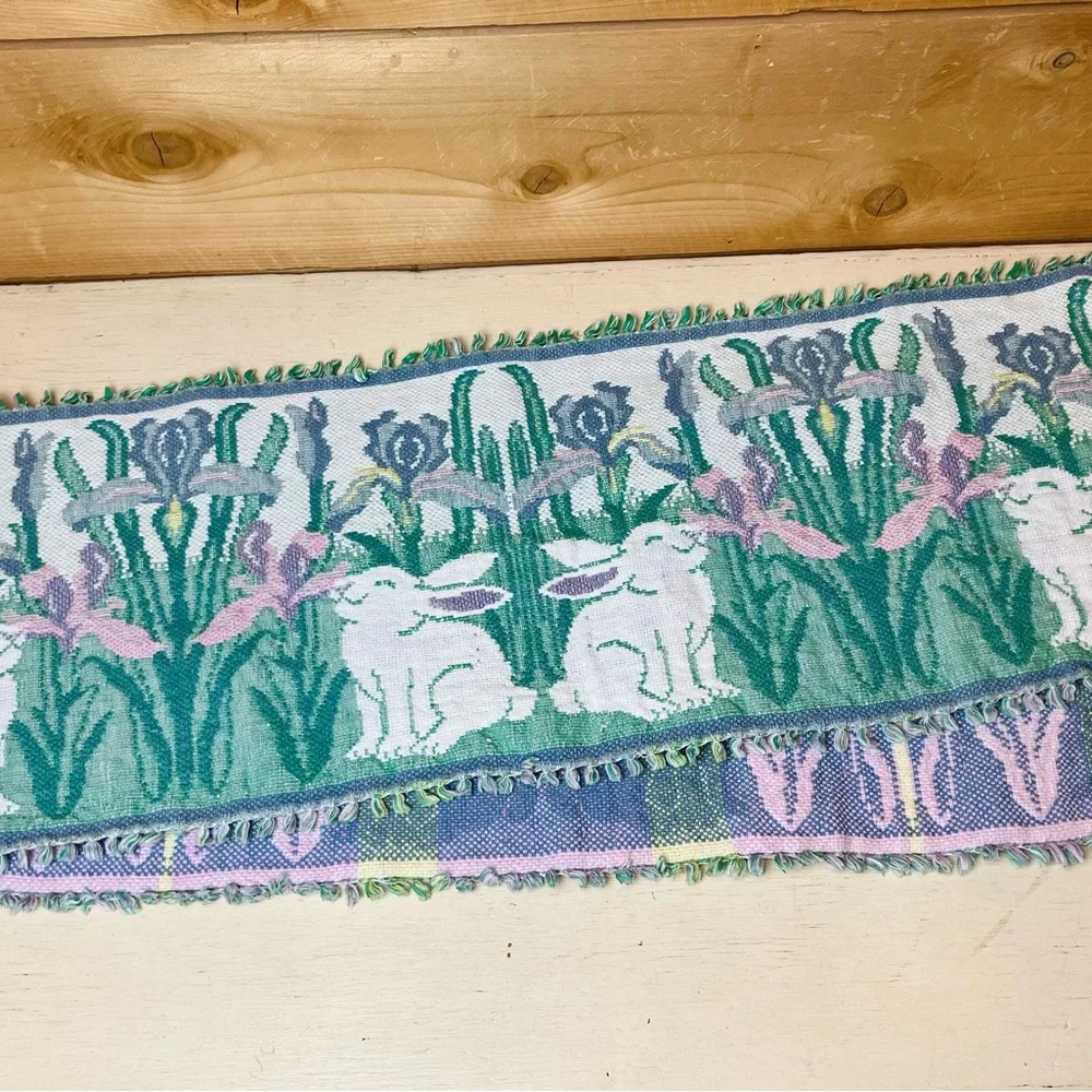 Woven Bunny and Iris Floral Tapestry Table Runner - Easter Spring